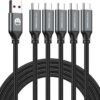 USB Type-C to A Cable 5pack 6ft Braided Fast Charging 3A Quick Charger Cord. 6 Foot Compatible iPhone 16/15.Samsung Galaxy S10 S9 S8 Plus. Note 10 9 8. LG V50 V40 G8 G7(Grey)