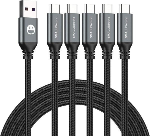 USB Type-C to A Cable 5pack 6ft Braided Fast Charging 3A Quick Charger Cord. 6 Foot Compatible iPhone 16/15.Samsung Galaxy S10 S9 S8 Plus. Note 10 9 8. LG V50 V40 G8 G7(Grey)