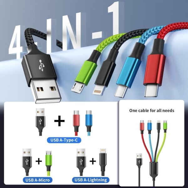 4 in 1 Multi Charging Cable [2Pack 5FT]. Nylon Braided 4 in 1 Charging Cable. USB Cables Phone Charger with IP/Type C/Type C/Micro Port. Compatible with Most Cell Phones/Tablets and More