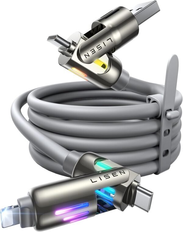 LISEN USB C to Lightning Cable. 240W 4 in 1 Charging Cable 6.6FT. Chubby USB A/C to C/Lightning with Light for iPhone 16e 16 15 14 Pro/MacBook/iPad/Samsung S25/Switch. Multi Chargers for All Devices