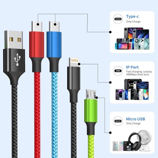 4 in 1 Multi Charging Cable [2Pack 5FT]. Nylon Braided 4 in 1 Charging Cable. USB Cables Phone Charger with IP/Type C/Type C/Micro Port. Compatible with Most Cell Phones/Tablets and More