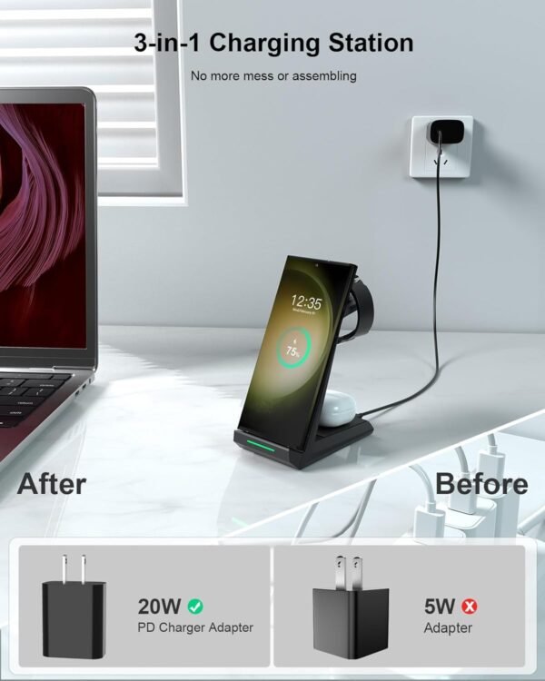 Wireless Charger for Samsung - NANAMI 3 in 1 Charging Station for Multiple Devices. Fast Charger Stand for Galaxy S25 S24 S23 Ultra S22 S21 Z Flip Fold 4.Galaxy Watch 6/5/5 Pro/4/3. Galaxy Buds 2 Pro