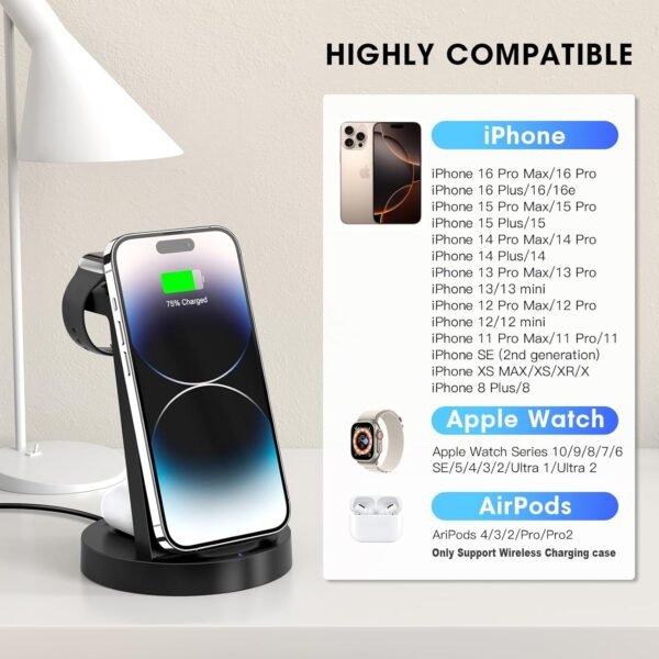 3 in 1 Charging Station for iPhone. Wireless Charger for iPhone 16e 16 15 14 13 12 11 X Pro Max & Apple Watch - Wireless Charging Station for AirPods 4 3 Pro