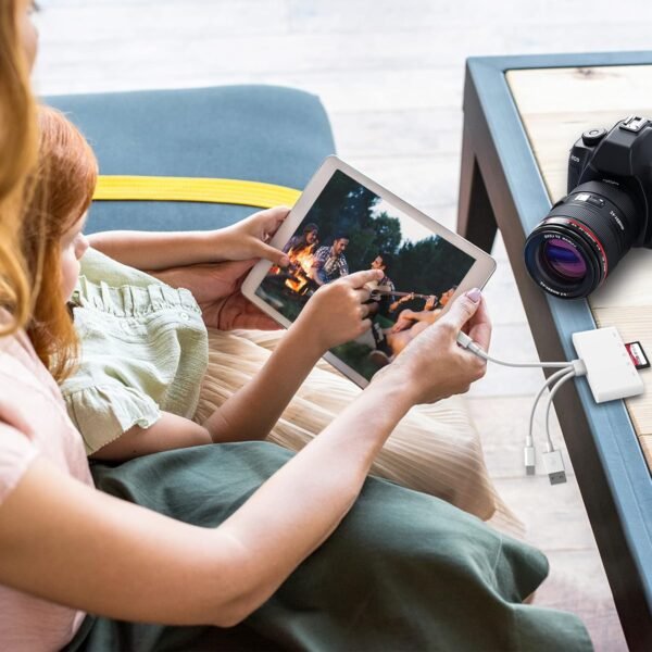 5-in-1 Memory Card Reader. USB OTG Adapter & SD Card Reader for i-Phone/i-Pad. USB C and USB A Devices with Micro SD & SD Card Slots. Supports SD/Micro SD/SDHC/SDXC/MMC