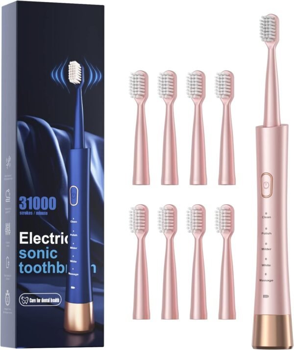 Sonic Electric Toothbrush for Adults. USB Rechargeable Sonic Toothbrush with 8 Brush Heads. Smart Timer. 5 Modes. 2-Hour Fast Charge Last 30 Days. Pink