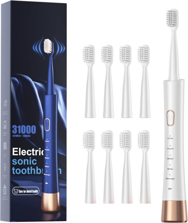 Sonic Electric Toothbrush for Adults. USB Rechargeable Sonic Toothbrush with 8 Brush Heads. Smart Timer. 5 Modes. 2-Hour Fast Charge Last 30 Days. Pink
