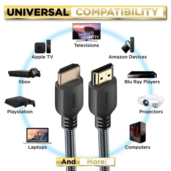 PowerBear 4K HDMI Cable 10 ft | High Speed Hdmi Cables. Braided Nylon & Gold Connectors. 4K @ 60Hz. Ultra HD. 2K. 1080P. ARC & CL3 Rated | for Laptop. Monitor. PS5. PS4. Xbox One. Fire TV. & More