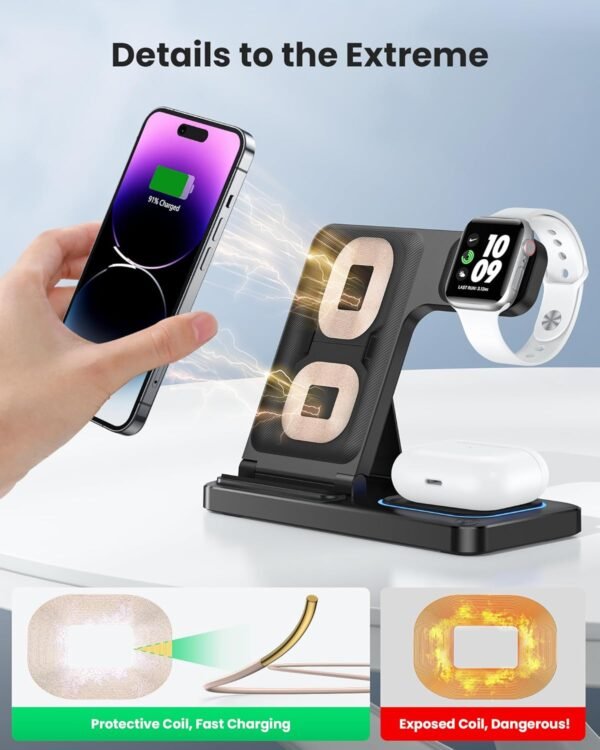 DUMTERR 3 in 1 Wireless Charger for iPhone 16/15/14/13/12.Wireless Charging Station for Apple Devices. Charging Stand for Apple Watch Series 10. for AirPods 4 (Black)