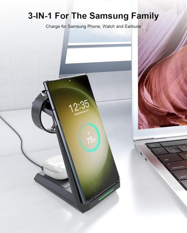Wireless Charger for Samsung - NANAMI 3 in 1 Charging Station for Multiple Devices. Fast Charger Stand for Galaxy S25 S24 S23 Ultra S22 S21 Z Flip Fold 4.Galaxy Watch 6/5/5 Pro/4/3. Galaxy Buds 2 Pro