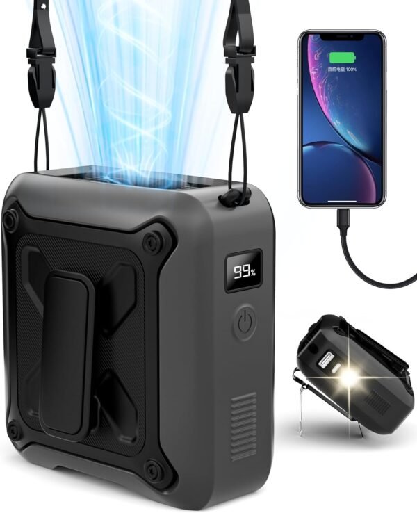 Portable Waist Fan Clip on Belt Under Shirt w/LED Display & Flashlight. 8000mAh Battery Powered. Rechargeable 5-Speed 14600RPM Personal Cooling Fan for Construction. Warehouse. Outdoor Jobsite.Black