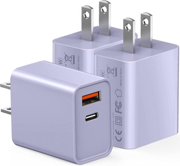 3 Pack USB C Wall Charger. 20W Durable Dual Port QC+PD 3.0 Power Adapter. Double Fast Plug Charging Block for iPhone 13/14/15/16/16 Pro/Pro Max/Plus. XS/XR/X. Watch Series 8/7 Cube .White
