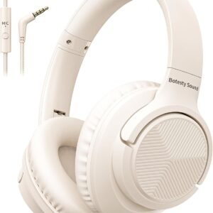 Headphones Wired with Microphone. Over Ear Foldable 3.5mm Plug in Headphones with 4.9ft Tangle-Free Nylon Cord for Tablet. Laptop. MP3/4. Airplane Travel (Beige)