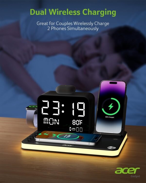 acer 7-in-1 Wireless Charging Station: Charger Stand for Multiple Devices for Apple - iPhone 16 15 14 13 12 Pro Max Apple Watch Airpods. Wireless Charger iPhone Charging Station with Bluetooth TimeSyn