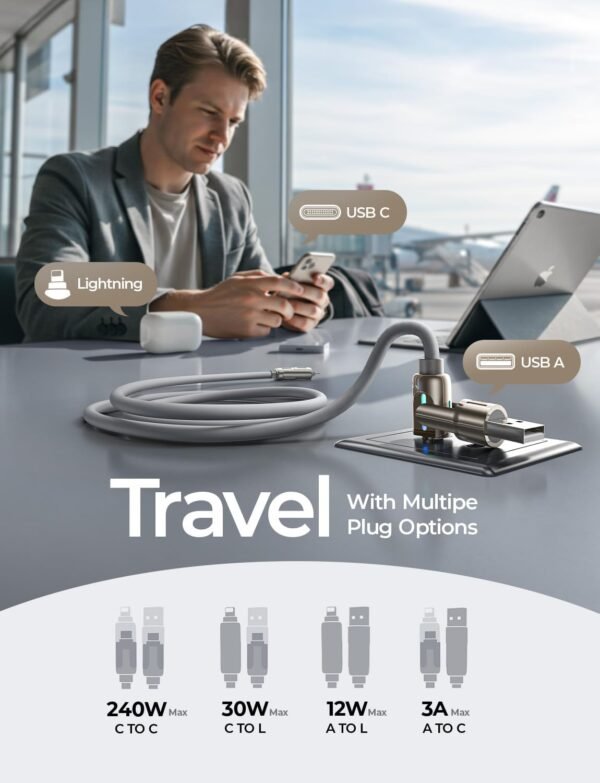 LISEN USB C to Lightning Cable. 240W 4 in 1 Charging Cable 6.6FT. Chubby USB A/C to C/Lightning with Light for iPhone 16e 16 15 14 Pro/MacBook/iPad/Samsung S25/Switch. Multi Chargers for All Devices