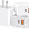 3 Pack USB C Wall Charger. 20W Durable Dual Port QC+PD 3.0 Power Adapter. Double Fast Plug Charging Block for iPhone 13/14/15/16/16 Pro/Pro Max/Plus. XS/XR/X. Watch Series 8/7 Cube .White