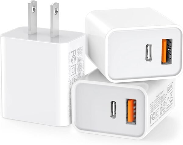 3 Pack USB C Wall Charger. 20W Durable Dual Port QC+PD 3.0 Power Adapter. Double Fast Plug Charging Block for iPhone 13/14/15/16/16 Pro/Pro Max/Plus. XS/XR/X. Watch Series 8/7 Cube .White