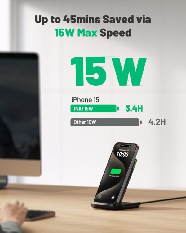 INIU Wireless Charger. 15W Fast Qi Certified Wireless Charging Station with Sleep-Friendly Adaptive Light Compatible with iPhone 16 15 14 13 Pro XS 8 Plus Samsung Galaxy S25 S24 S23 Note 20 Google etc