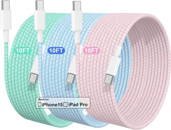 c130b17de25c4030adbe57d8ad2008d0 3 Pack 10 FT USB C to USB C Cable for iPhone 16 15 Pro/Pro Max/Plus.Long C to C Cable Fast Charging Cord Braided for iPhone 16 15 Samsung Galaxy S25 S24 S23 S22 Ultra.Google Pixel 9.IPad Pro 60W