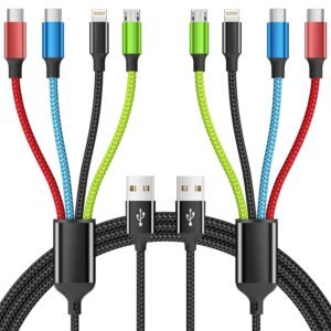 4 in 1 Multi Charging Cable [2Pack 5FT]. Nylon Braided 4 in 1 Charging Cable. USB Cables Phone Charger with IP/Type C/Type C/Micro Port. Compatible with Most Cell Phones/Tablets and More