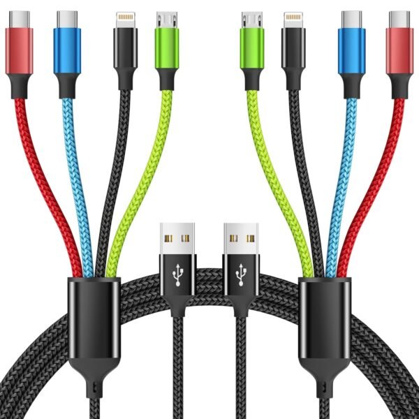 4 in 1 Multi Charging Cable [2Pack 5FT]. Nylon Braided 4 in 1 Charging Cable. USB Cables Phone Charger with IP/Type C/Type C/Micro Port. Compatible with Most Cell Phones/Tablets and More