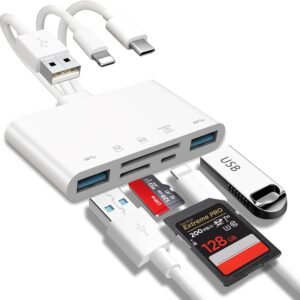 5-in-1 Memory Card Reader. USB OTG Adapter & SD Card Reader for i-Phone/i-Pad. USB C and USB A Devices with Micro SD & SD Card Slots. Supports SD/Micro SD/SDHC/SDXC/MMC