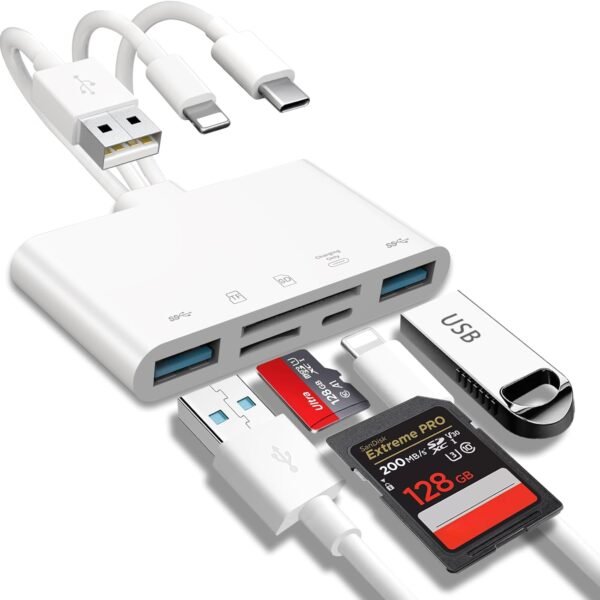 5-in-1 Memory Card Reader. USB OTG Adapter & SD Card Reader for i-Phone/i-Pad. USB C and USB A Devices with Micro SD & SD Card Slots. Supports SD/Micro SD/SDHC/SDXC/MMC