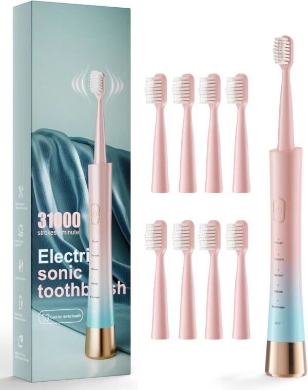 Sonic Electric Toothbrush for Adults. USB Rechargeable Sonic Toothbrush with 8 Brush Heads. Smart Timer. 5 Modes. 2-Hour Fast Charge Last 30 Days. Pink