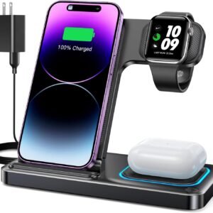 DUMTERR 3 in 1 Wireless Charger for iPhone 16/15/14/13/12.Wireless Charging Station for Apple Devices. Charging Stand for Apple Watch Series 10. for AirPods 4 (Black)