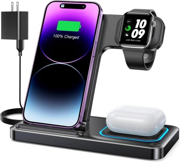 DUMTERR 3 in 1 Wireless Charger for iPhone 16/15/14/13/12.Wireless Charging Station for Apple Devices. Charging Stand for Apple Watch Series 10. for AirPods 4 (Black)
