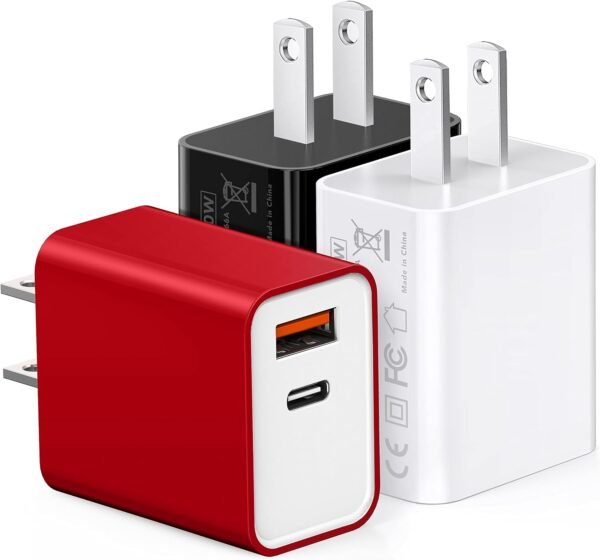3 Pack USB C Wall Charger. 20W Durable Dual Port QC+PD 3.0 Power Adapter. Double Fast Plug Charging Block for iPhone 13/14/15/16/16 Pro/Pro Max/Plus. XS/XR/X. Watch Series 8/7 Cube .White