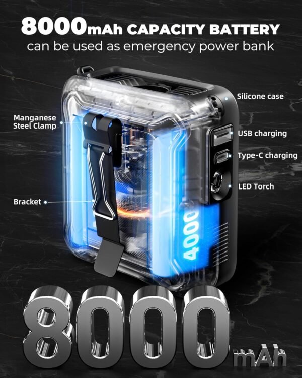 Portable Waist Fan Clip on Belt Under Shirt w/LED Display & Flashlight. 8000mAh Battery Powered. Rechargeable 5-Speed 14600RPM Personal Cooling Fan for Construction. Warehouse. Outdoor Jobsite.Black