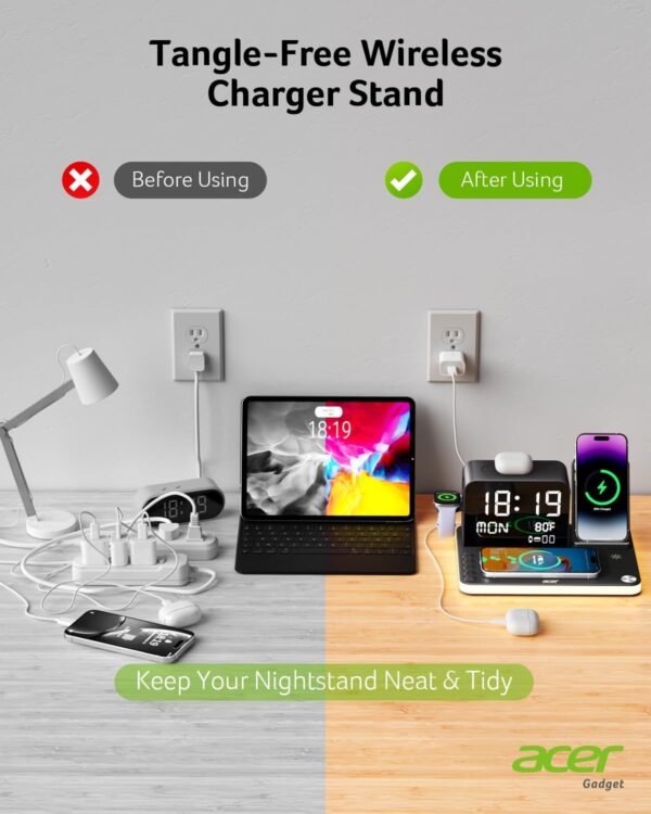 acer 7-in-1 Wireless Charging Station: Charger Stand for Multiple Devices for Apple - iPhone 16 15 14 13 12 Pro Max Apple Watch Airpods. Wireless Charger iPhone Charging Station with Bluetooth TimeSyn