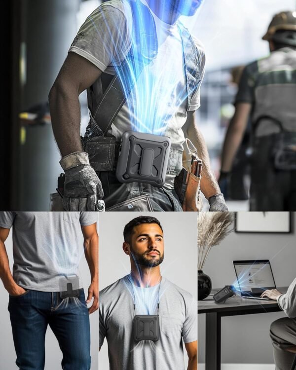 Portable Waist Fan Clip on Belt Under Shirt w/LED Display & Flashlight. 8000mAh Battery Powered. Rechargeable 5-Speed 14600RPM Personal Cooling Fan for Construction. Warehouse. Outdoor Jobsite.Black