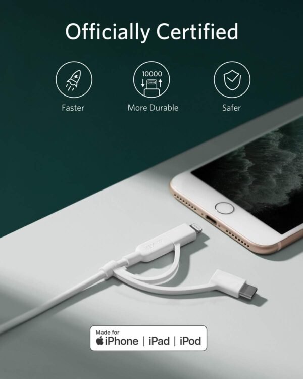 Anker Powerline II 3-in-1 Cable. Lightning/Type C/Micro USB Cable for iPhone. iPad. Huawei. HTC. LG. Samsung Galaxy. Sony Xperia. Android Smartphones. and More(3ft. White)