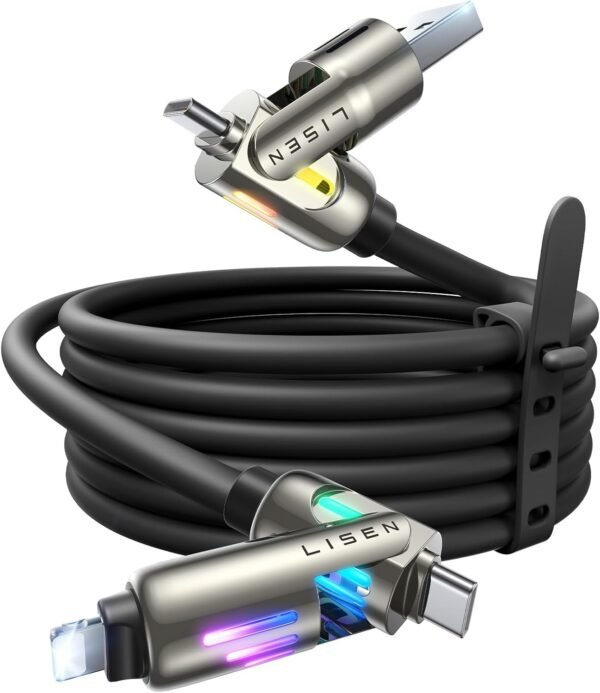 LISEN USB C to Lightning Cable. 240W 4 in 1 Charging Cable 6.6FT. Chubby USB A/C to C/Lightning with Light for iPhone 16e 16 15 14 Pro/MacBook/iPad/Samsung S25/Switch. Multi Chargers for All Devices