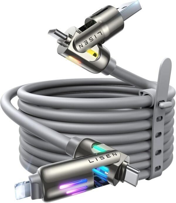 LISEN USB C to Lightning Cable. 240W 4 in 1 Charging Cable 6.6FT. Chubby USB A/C to C/Lightning with Light for iPhone 16e 16 15 14 Pro/MacBook/iPad/Samsung S25/Switch. Multi Chargers for All Devices