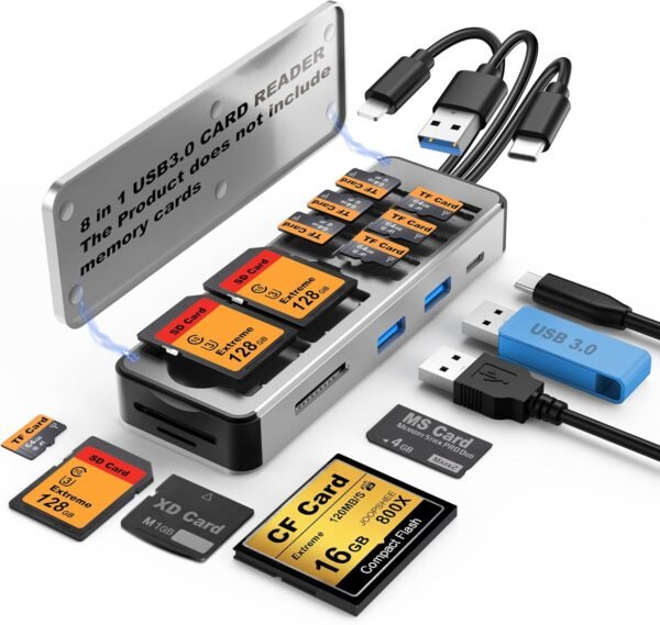 5-in-1 Memory Card Reader. USB OTG Adapter & SD Card Reader for i-Phone/i-Pad. USB C and USB A Devices with Micro SD & SD Card Slots. Supports SD/Micro SD/SDHC/SDXC/MMC