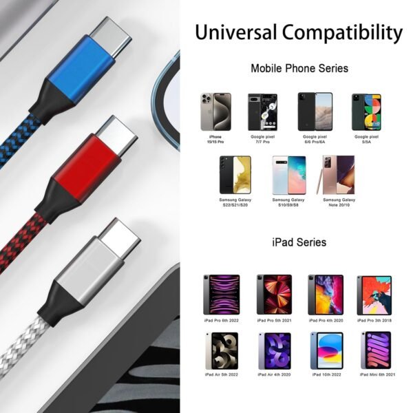 USB C to USB C Cable Nylon Braided 60W 3/3/6/6/10 FT USB Type C Fast Charging Cable for iPhone 16/16 Plus/16 Pro Max/15/15 Plus/15 Pro Max. MacBook Pro. iPad Pro Air. Samsung S24/S24 Ultra/S23