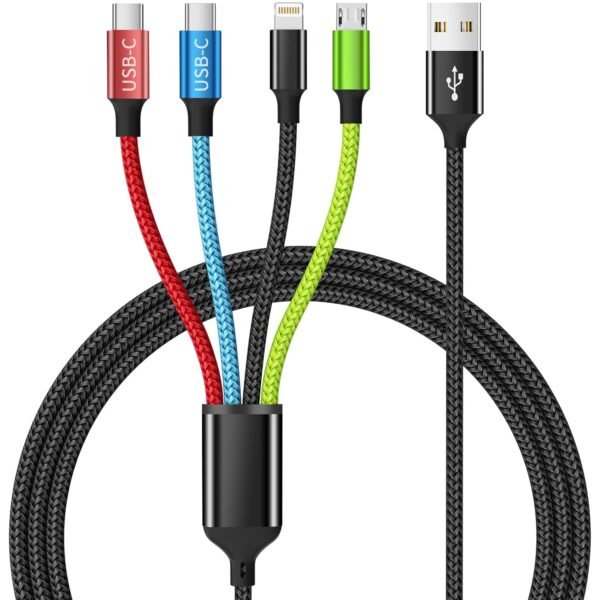 4 in 1 Multi Charging Cable [2Pack 5FT]. Nylon Braided 4 in 1 Charging Cable. USB Cables Phone Charger with IP/Type C/Type C/Micro Port. Compatible with Most Cell Phones/Tablets and More
